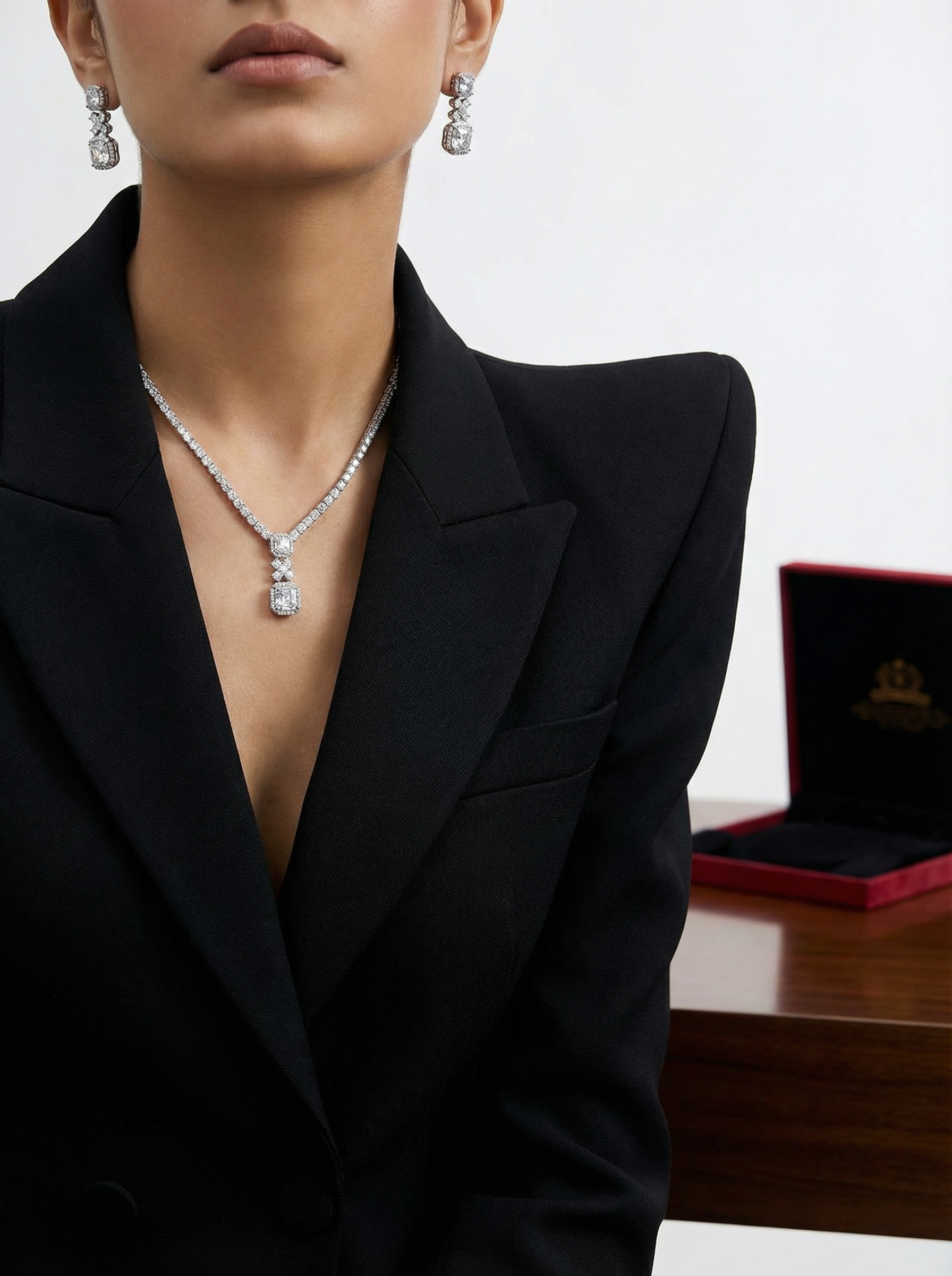 Handcrafted Radiant-Cut Diamond Drop Necklace & Chandelier Earring Set in 18K White Gold