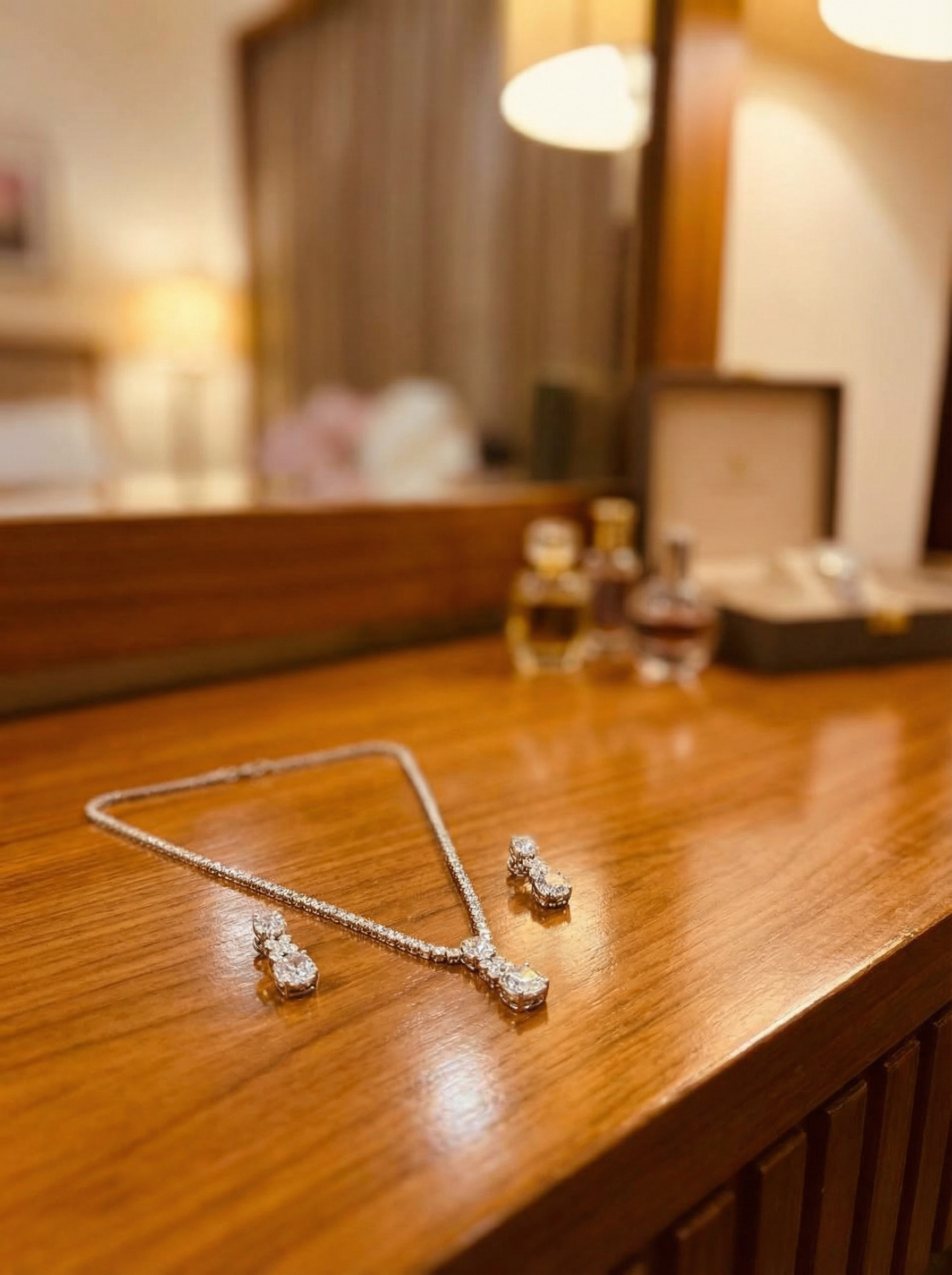 Handcrafted Radiant-Cut Diamond Drop Necklace & Chandelier Earring Set in 18K White Gold