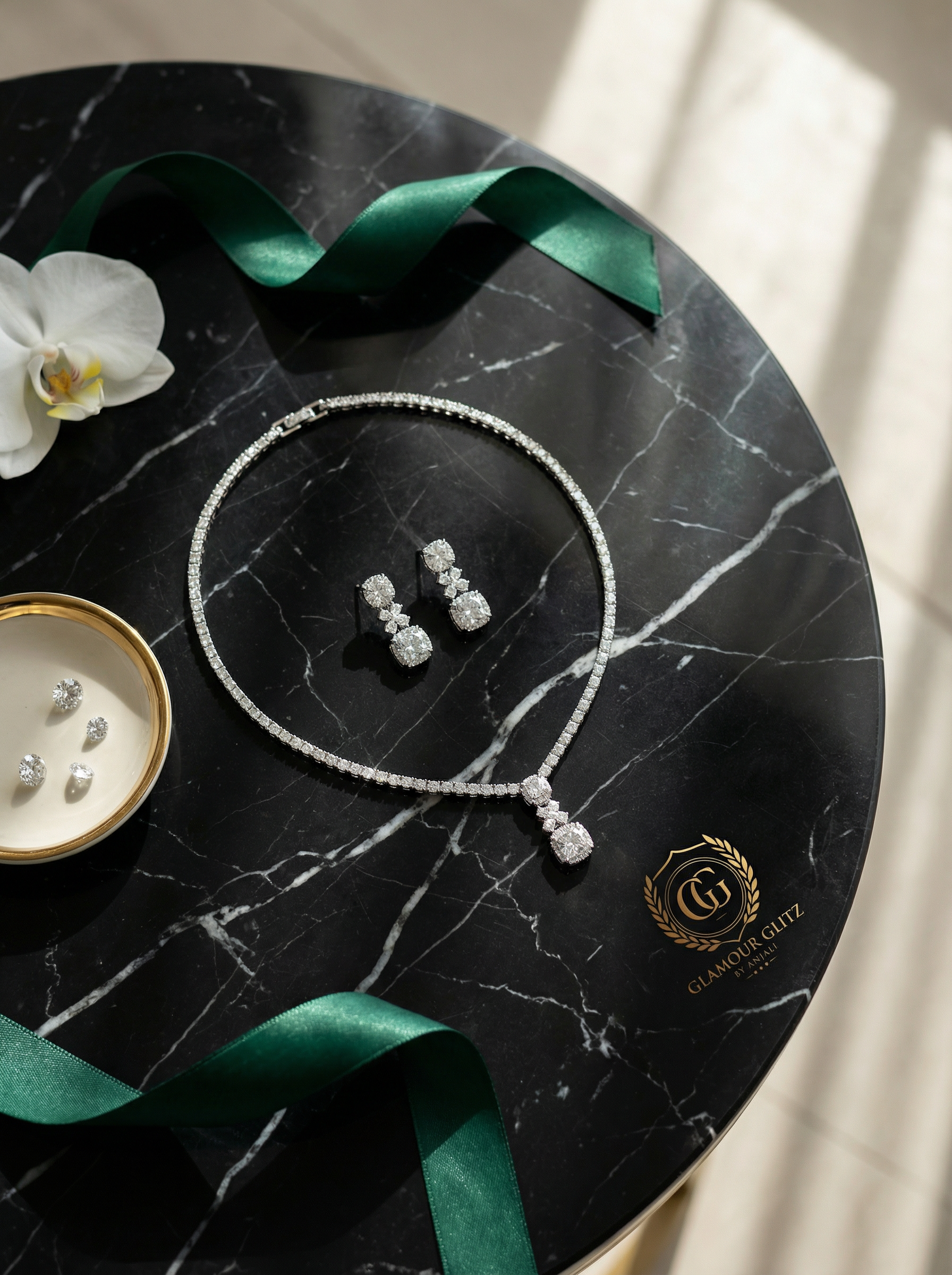 Handcrafted Radiant-Cut Diamond Drop Necklace & Chandelier Earring Set in 18K White Gold