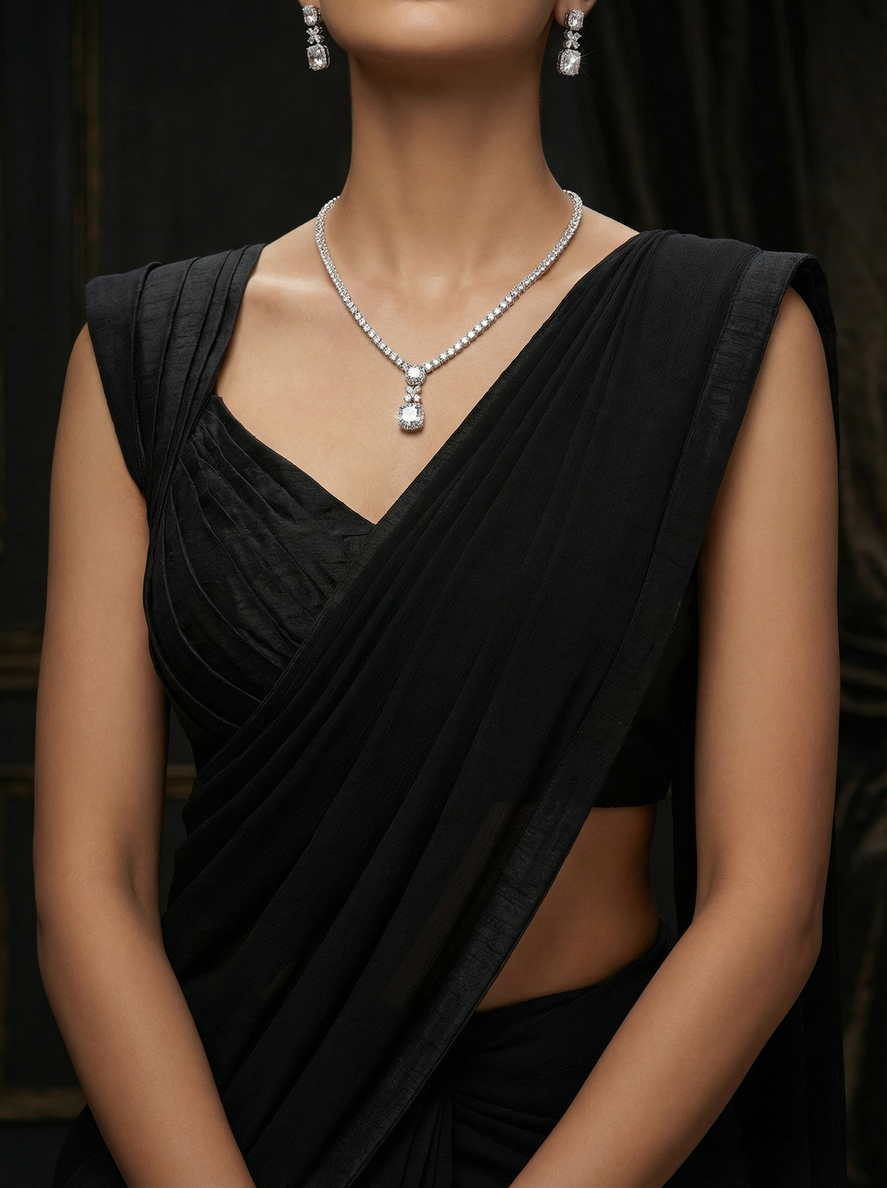 Handcrafted Radiant-Cut Diamond Drop Necklace & Chandelier Earring Set in 18K White Gold