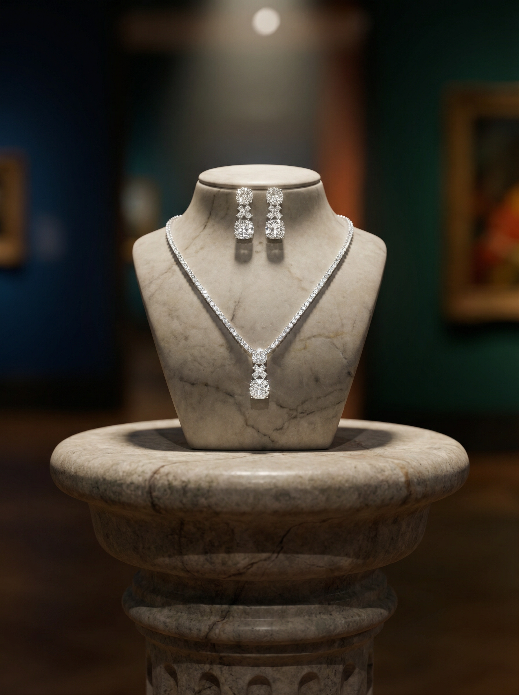 Handcrafted Radiant-Cut Diamond Drop Necklace & Chandelier Earring Set in 18K White Gold