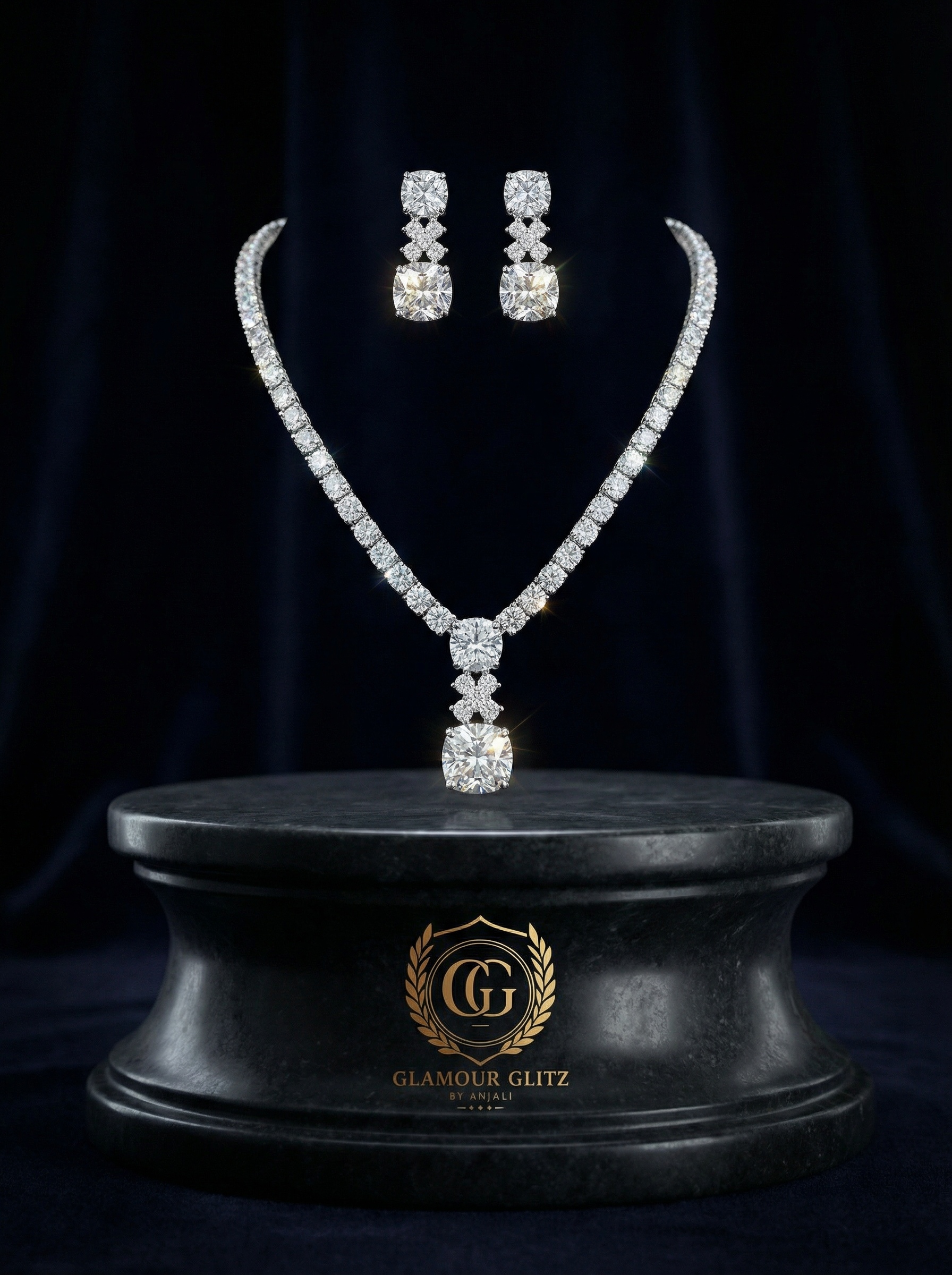Handcrafted Radiant-Cut Diamond Drop Necklace & Chandelier Earring Set in 18K White Gold