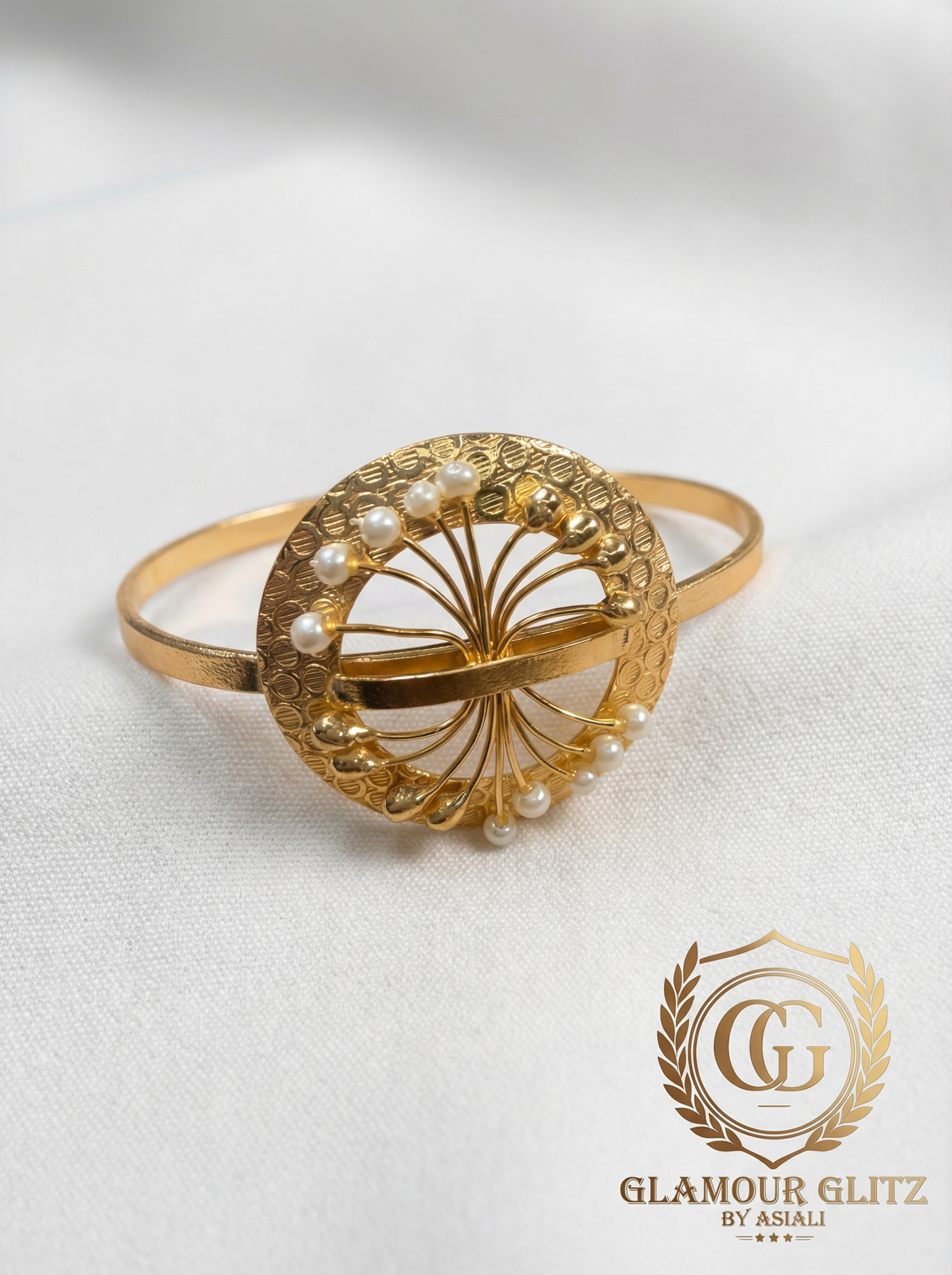 Handcrafted 18K Gold-Plated Orbital Sunburst Bangle with Seed Pearls