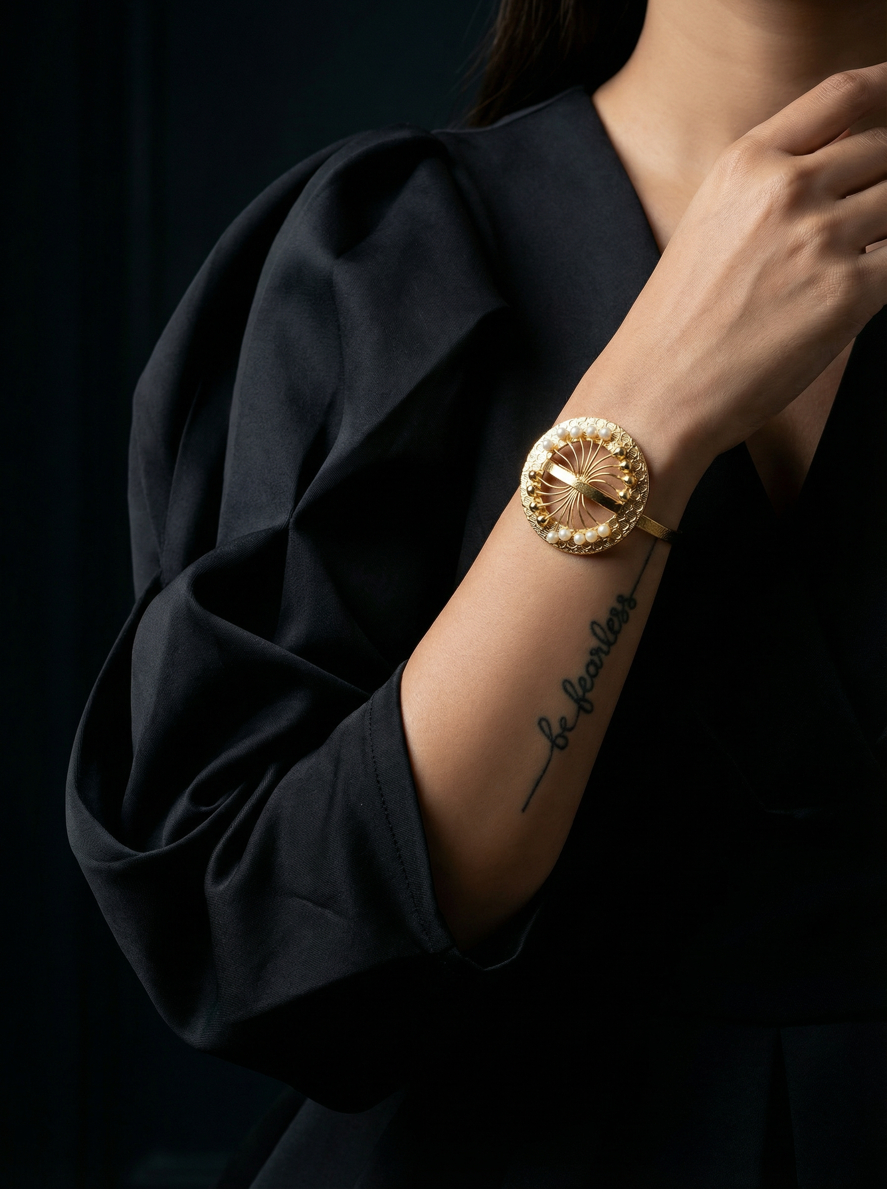 Handcrafted 18K Gold-Plated Orbital Sunburst Bangle with Seed Pearls