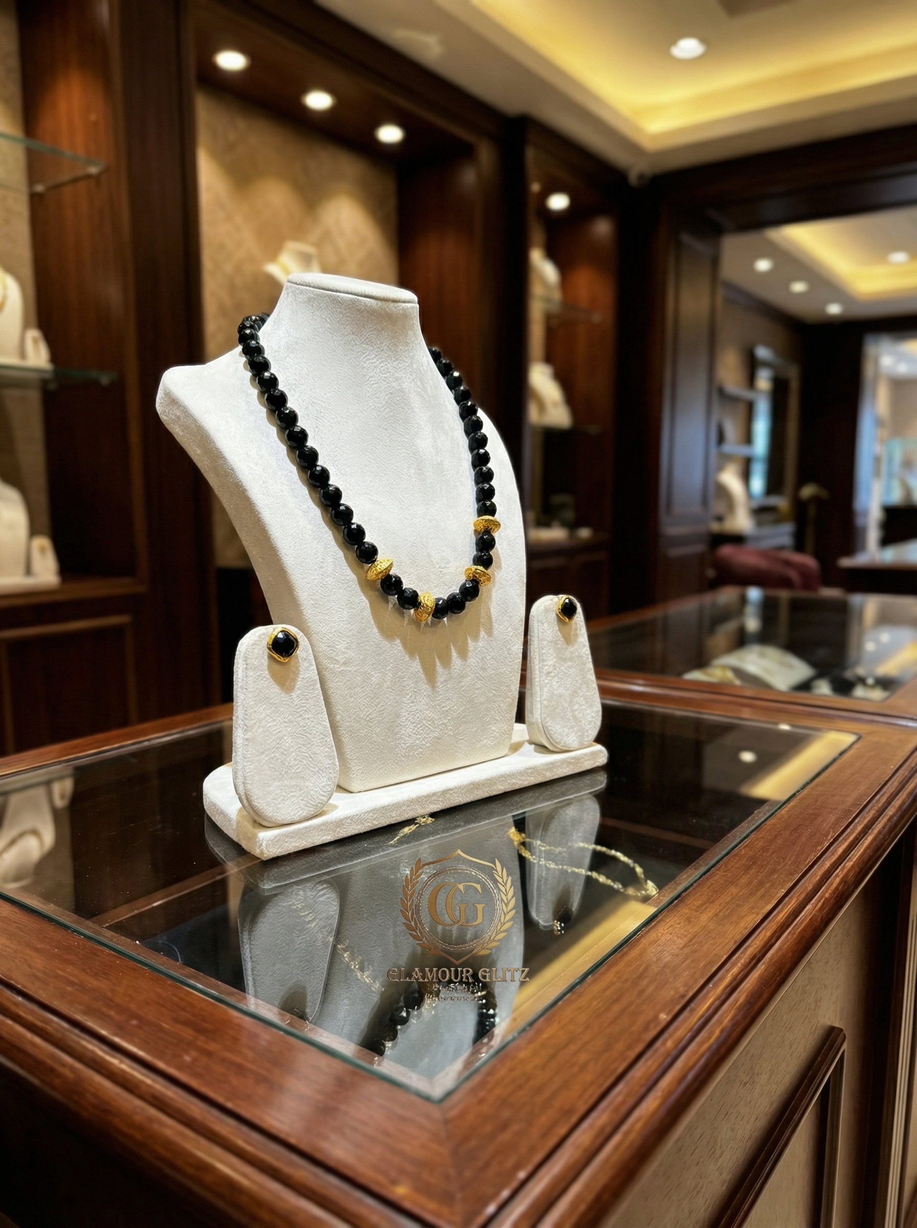 Handcrafted Onyx & Gilded Texture Statement Necklace & Earring Set