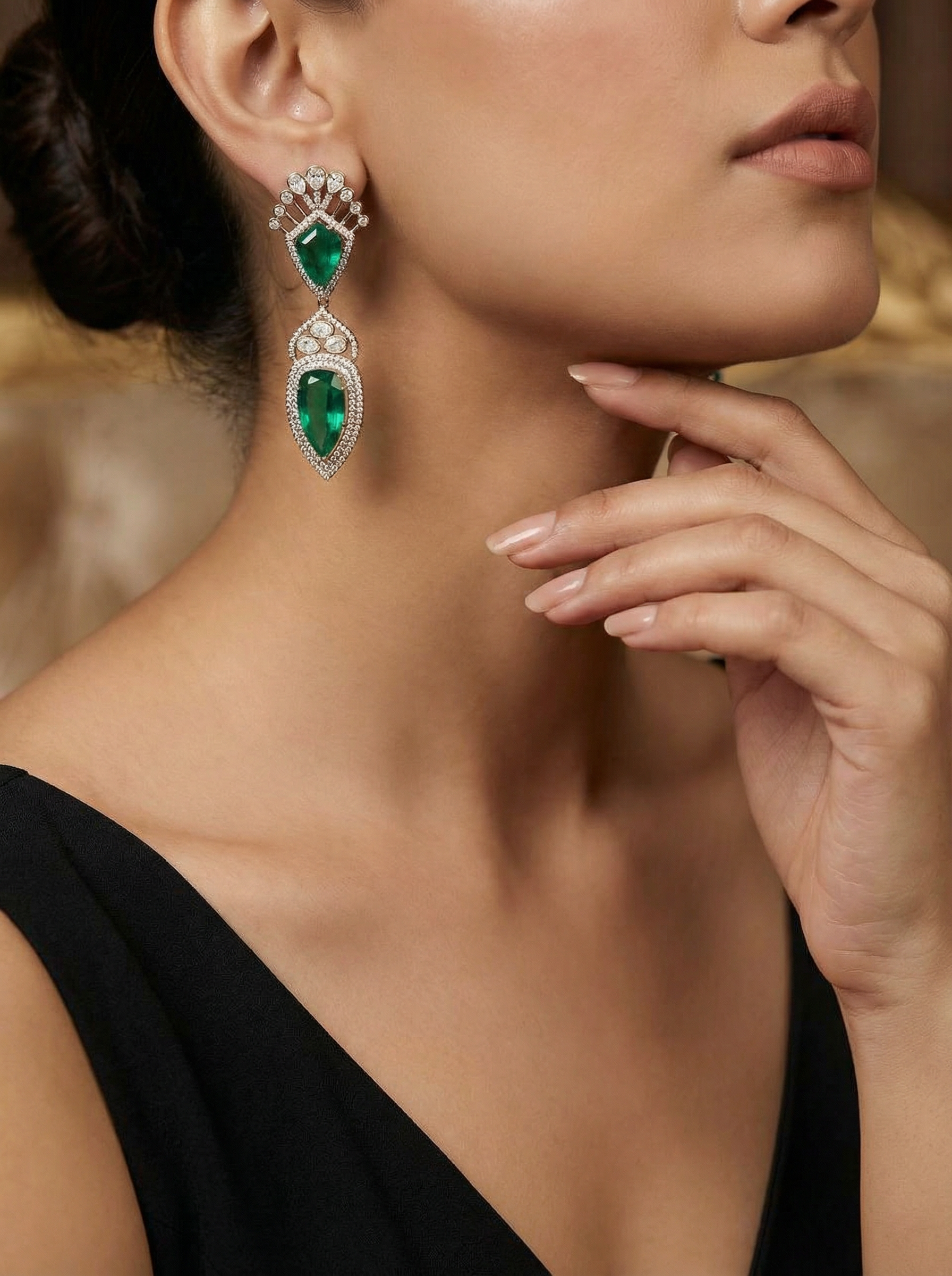 Handcrafted Art Deco Emerald & Diamond Statement Drop Earrings