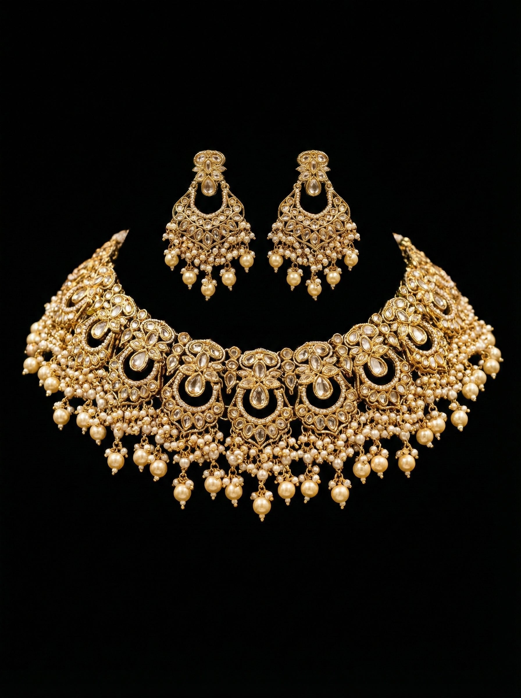 Regal Handcrafted Kundan Polki Choker Set – Antique Gold & Pearl Drops