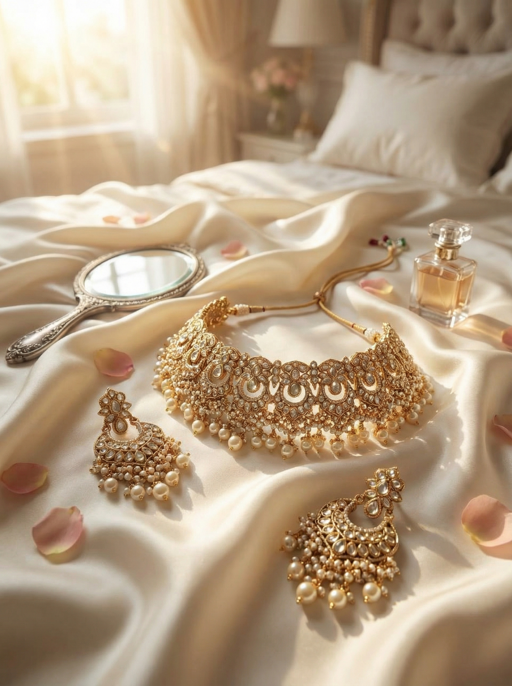 Regal Handcrafted Kundan Polki Choker Set – Antique Gold & Pearl Drops