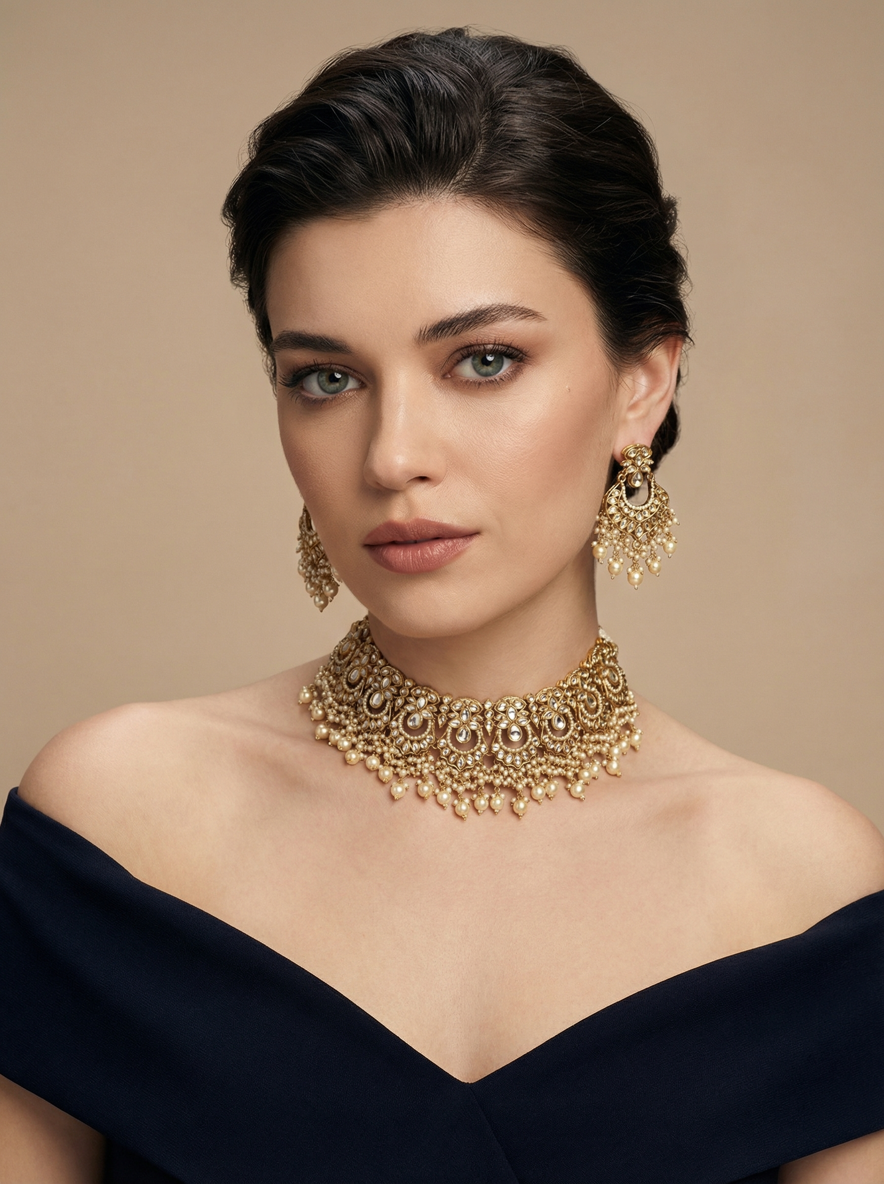 Regal Handcrafted Kundan Polki Choker Set – Antique Gold & Pearl Drops