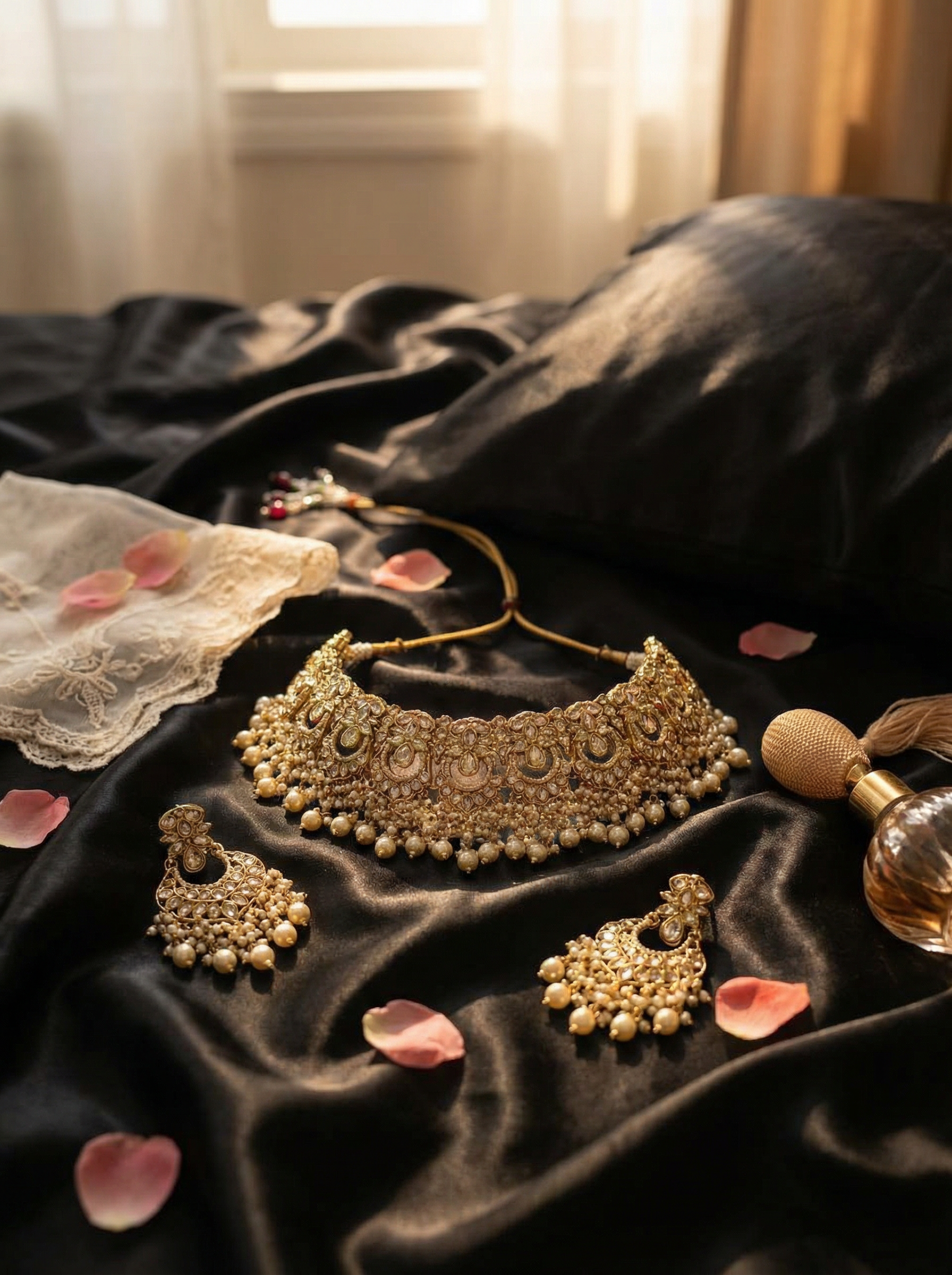 Regal Handcrafted Kundan Polki Choker Set – Antique Gold & Pearl Drops