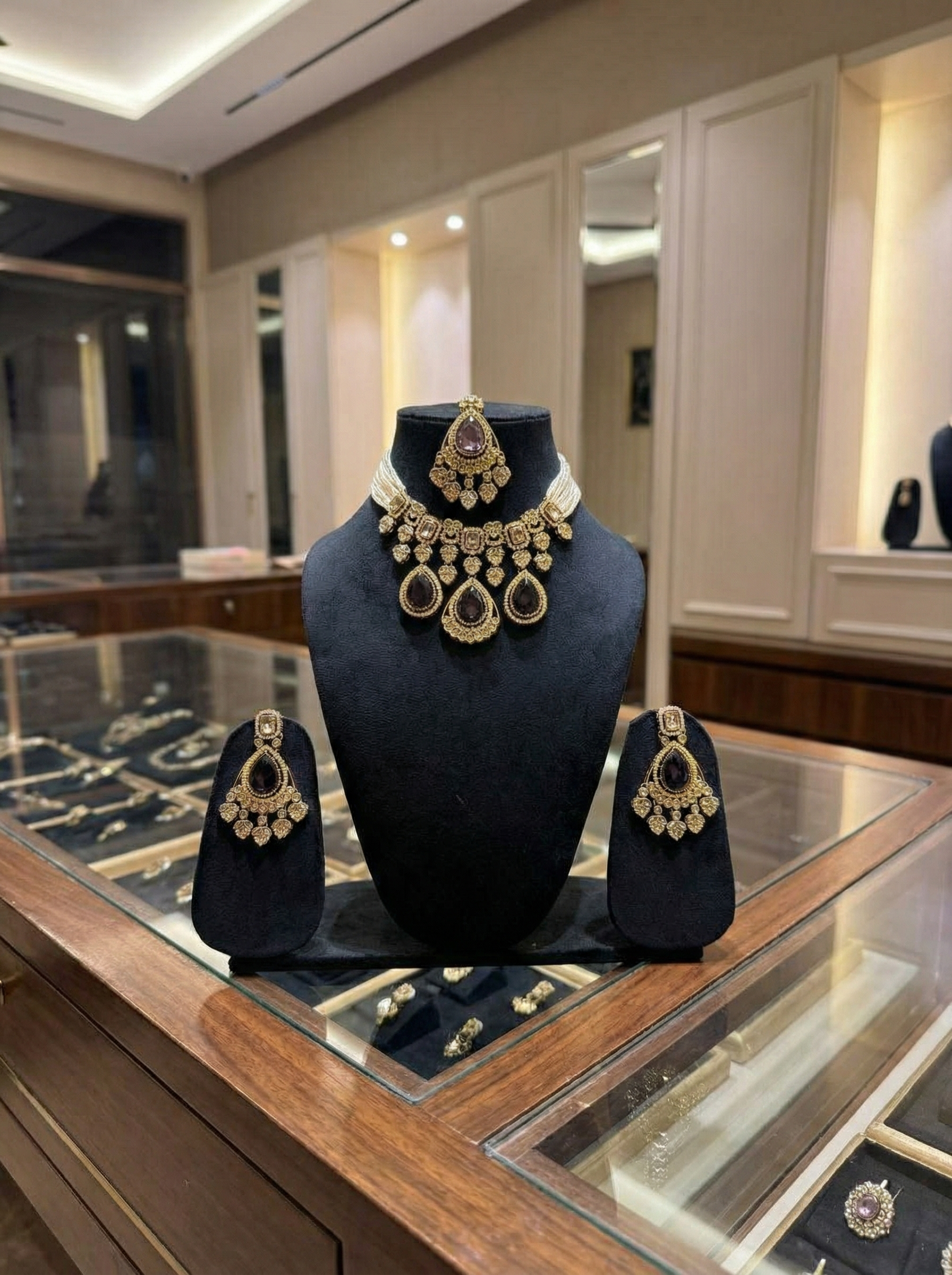 Handcrafted Antique Gold Polki & Deep Mauve Stone Necklace Set with Maang Tikka - Bridal & Festive Edition