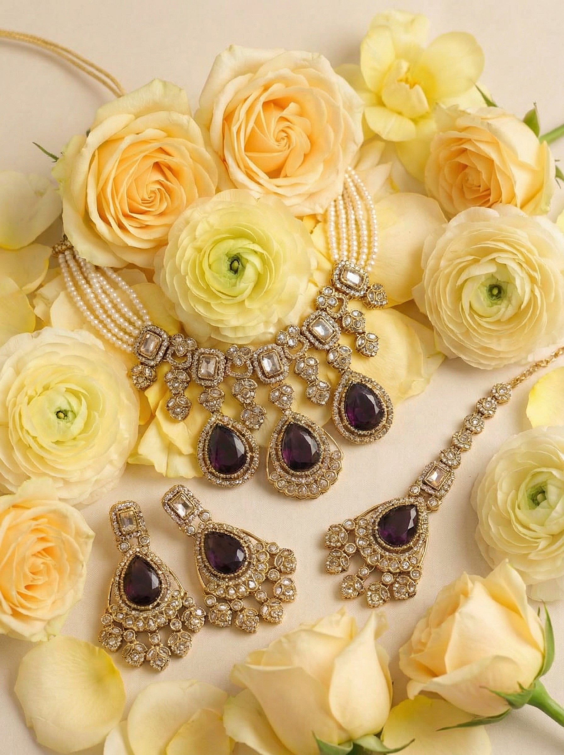 Handcrafted Antique Gold Polki & Deep Mauve Stone Necklace Set with Maang Tikka - Bridal & Festive Edition