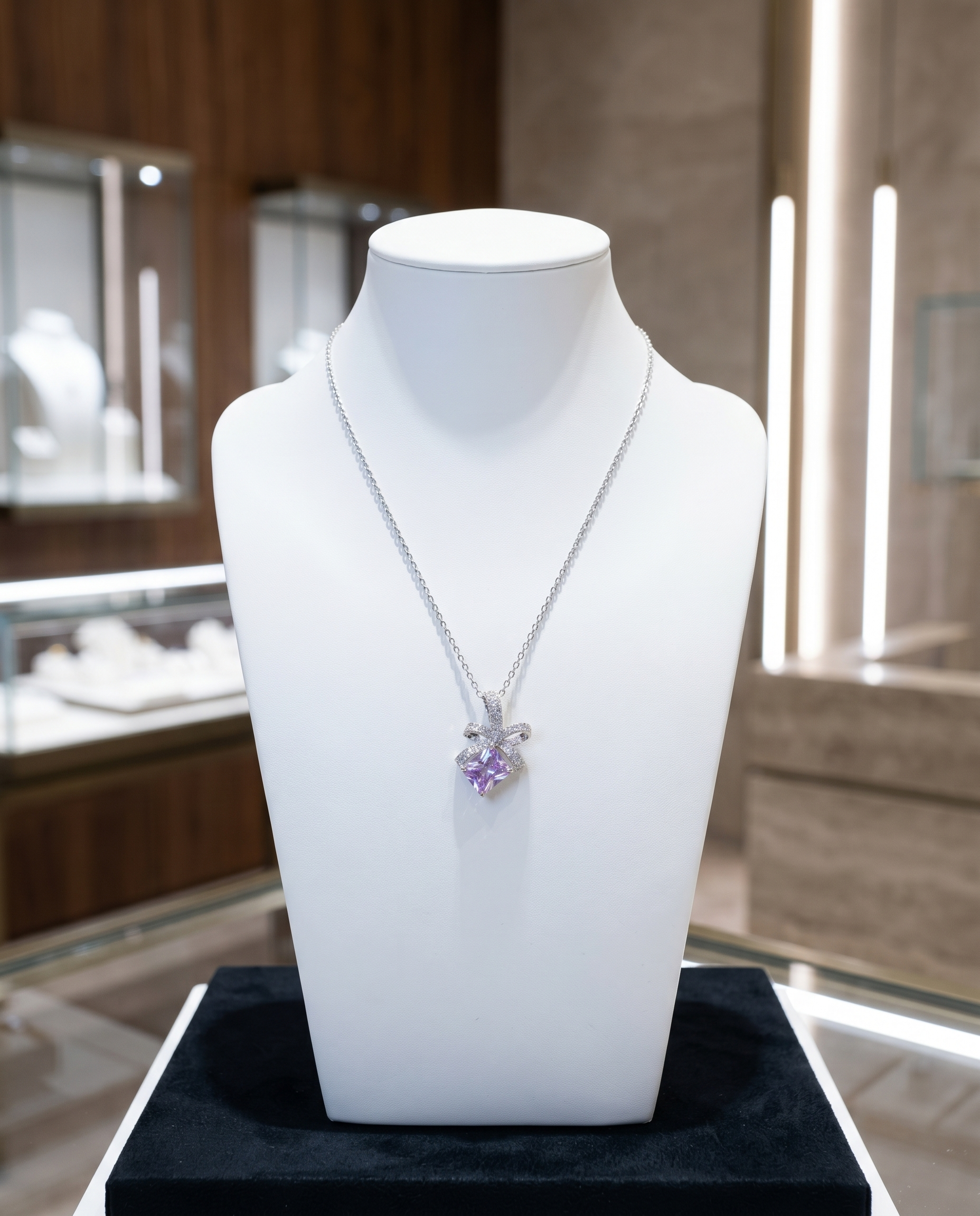Sterling silver crystal pavé bow pendant displayed on a white showroom bust in a luxury jewellery boutique