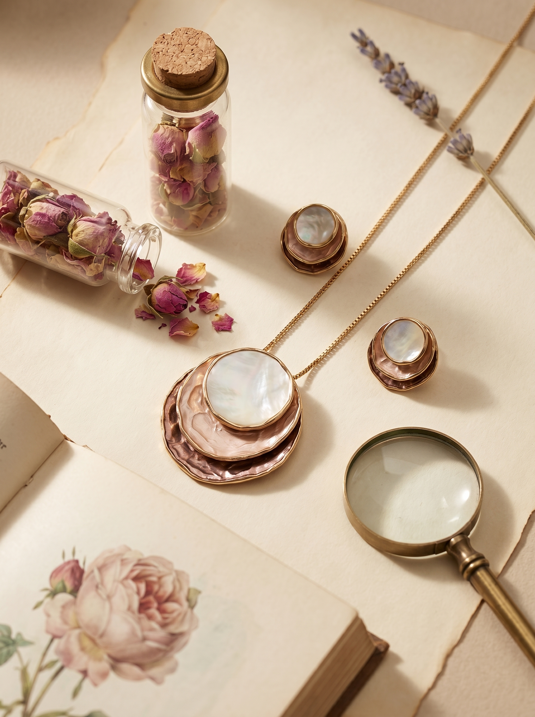 Vintage apothecary tableau with the Halcyon set, dried rose petals in glass vials, botanical book, and brass magnifier