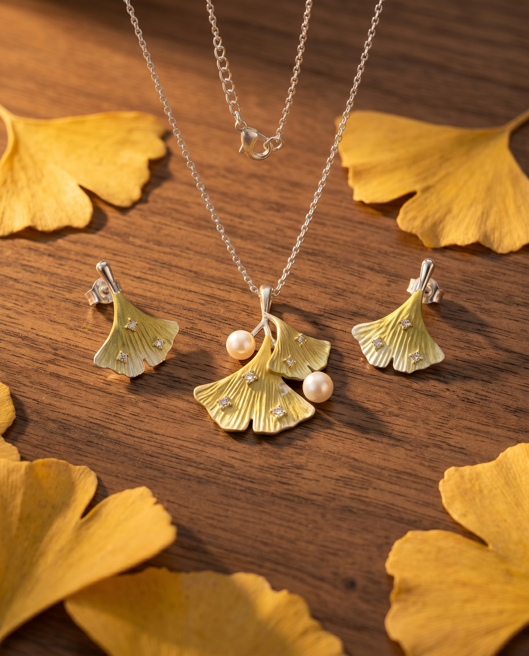 Ginkgo Leaf Set hero on warm walnut wood with scattered golden ginkgo leaves in autumn light