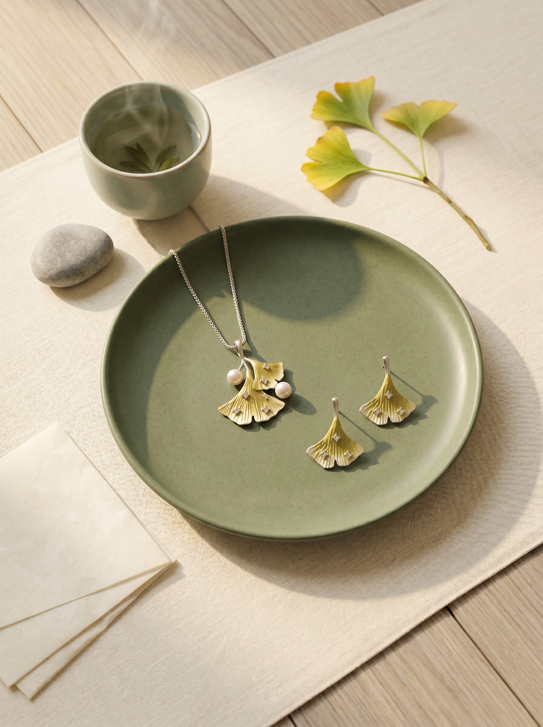 Japanese tea garden tableau with the Ginkgo Set on a moss-green ceramic plate, celadon teacup, washi paper