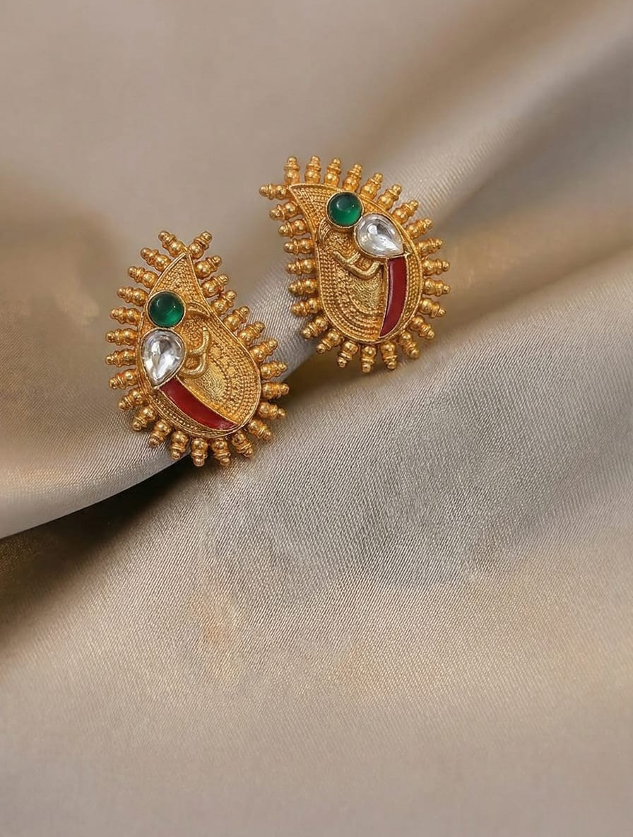 Handcrafted Antique Temple Earrings – Mango Motif Studs with Healing Green Onyx & Kundan