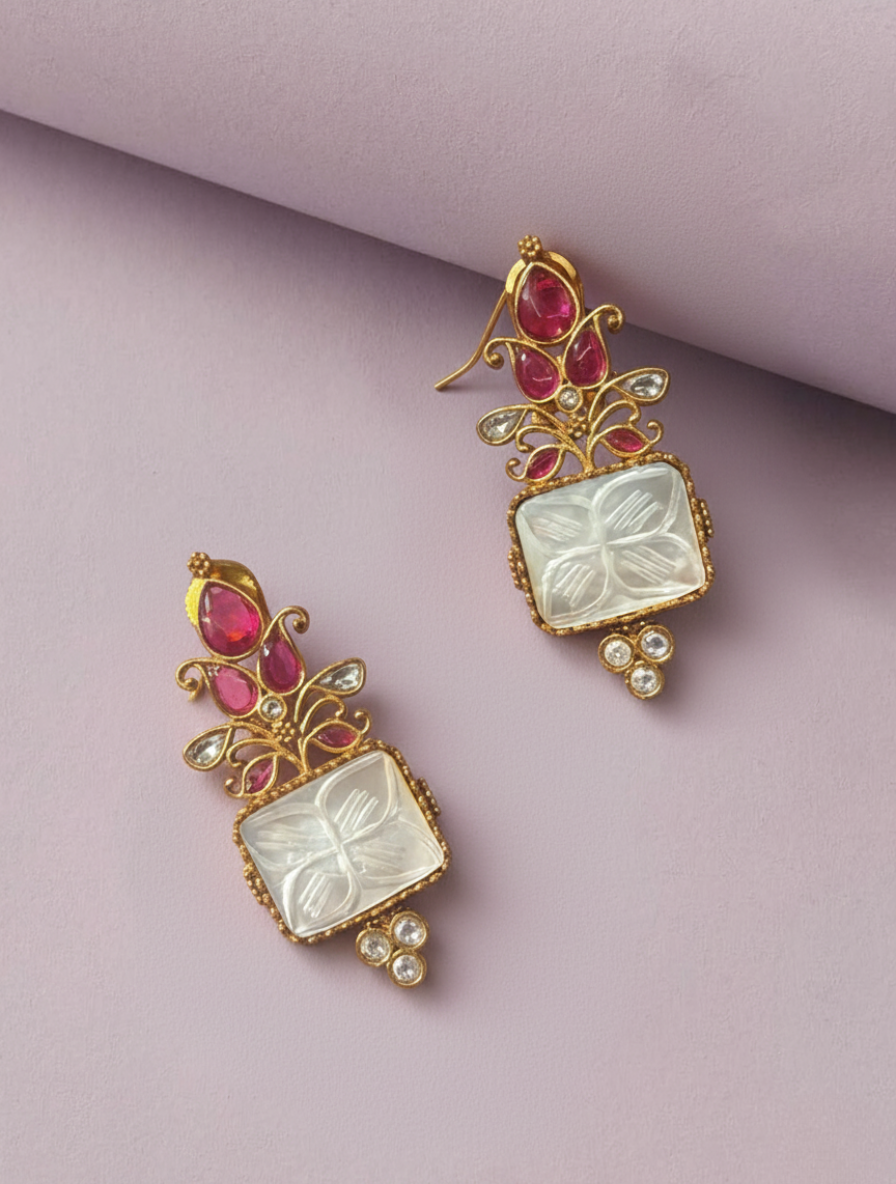 Handcrafted "Majestic Bloom" Carved Mother of Pearl & Ruby-Tone Drop Earrings – Artisan Fusion Jewelry