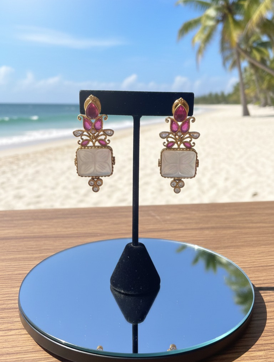 Handcrafted "Majestic Bloom" Carved Mother of Pearl & Ruby-Tone Drop Earrings – Artisan Fusion Jewelry