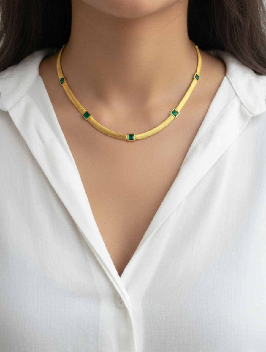The Emerald Horizon: Handcrafted 18k Gold Plated Tubogas Station Necklace