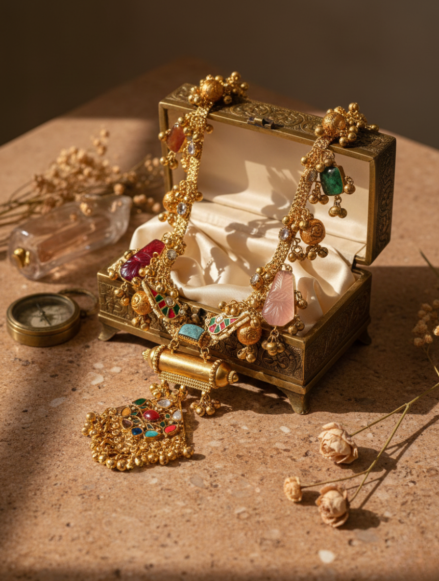 Heritage Navratna Rani Haar – Handcrafted Antique Gold Temple Necklace with Healing Astral Gemstones