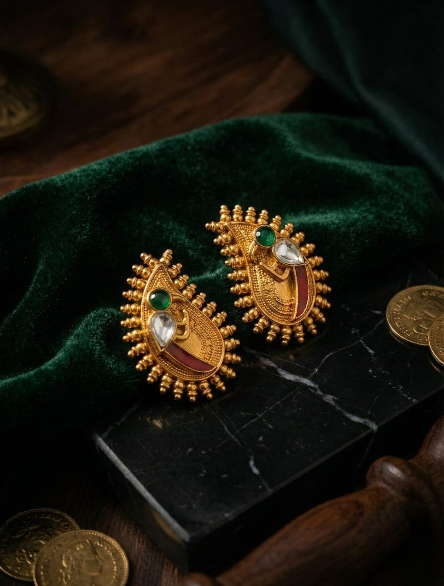 Handcrafted Antique Temple Earrings – Mango Motif Studs with Healing Green Onyx & Kundan