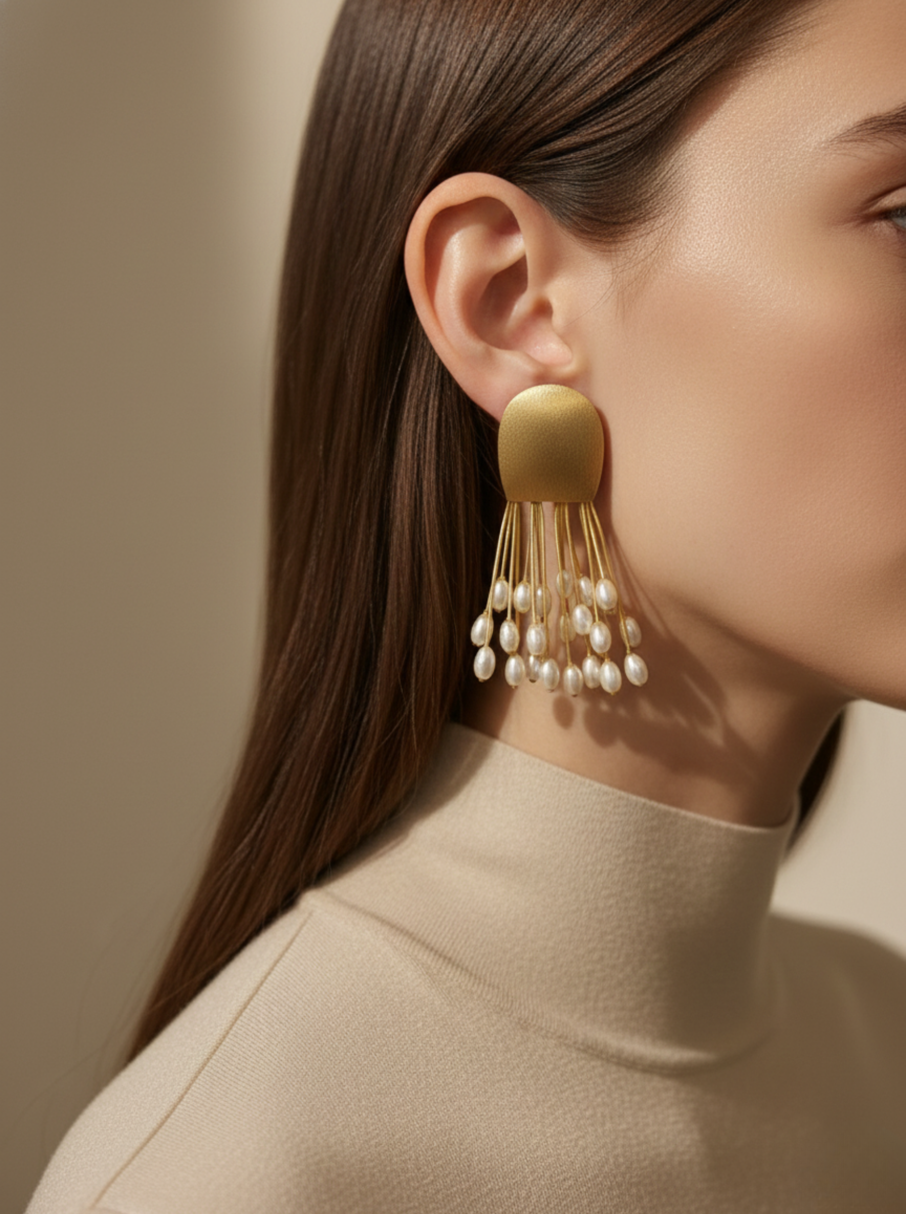 Golden Medusa Tassel Earrings | Handcrafted Matte Gold & Pearl Fringe Dangles