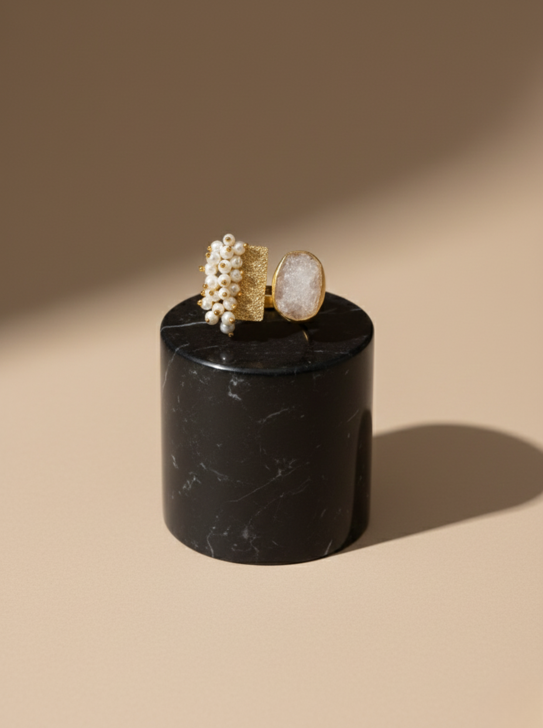 The "Celestial Duo" Handcrafted Statement Ring – Artisan Quartz & Pearl Toi et Moi
