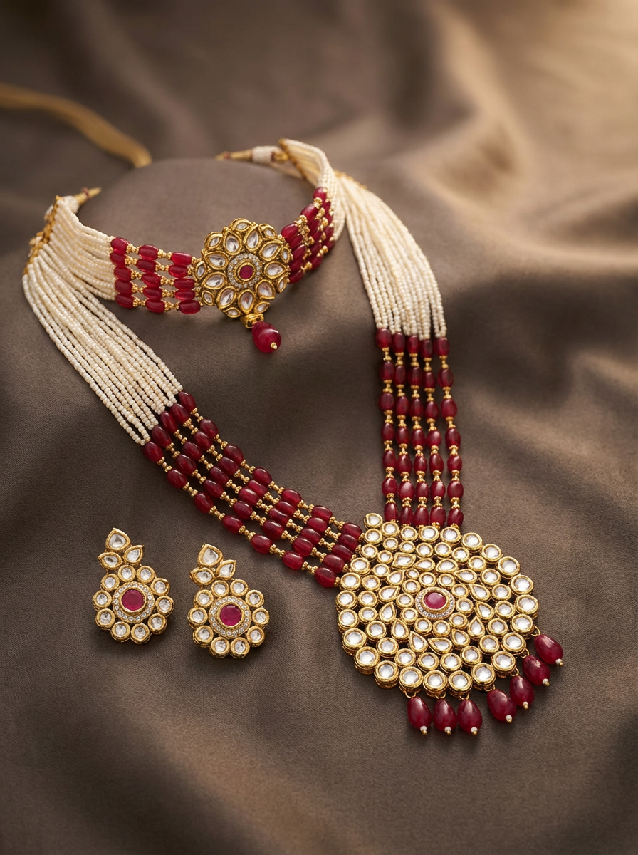 Empress Handcrafted Jadau Kundan Set – Layered Seed Pearl & Ruby Red Bead Necklace with Matching Choker & Earrings