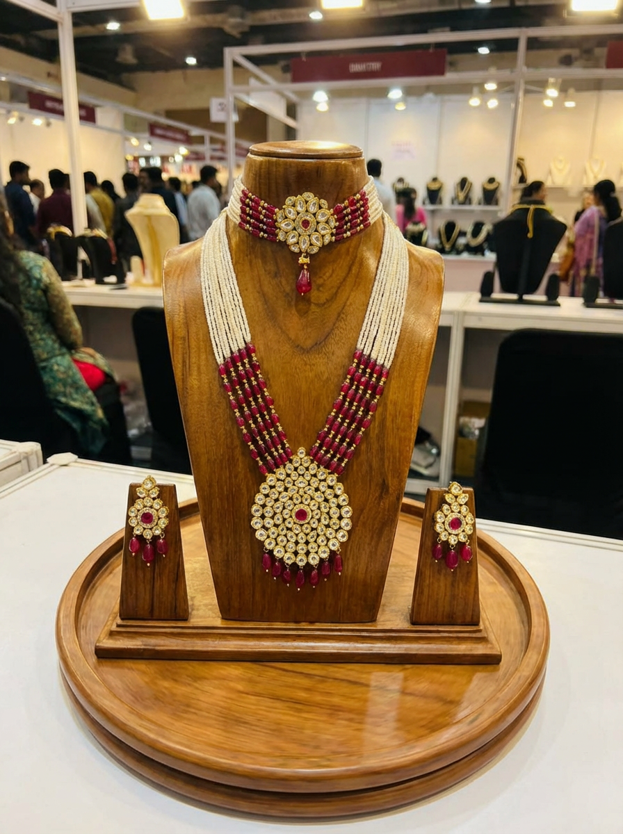 Empress Handcrafted Jadau Kundan Set – Layered Seed Pearl & Ruby Red Bead Necklace with Matching Choker & Earrings