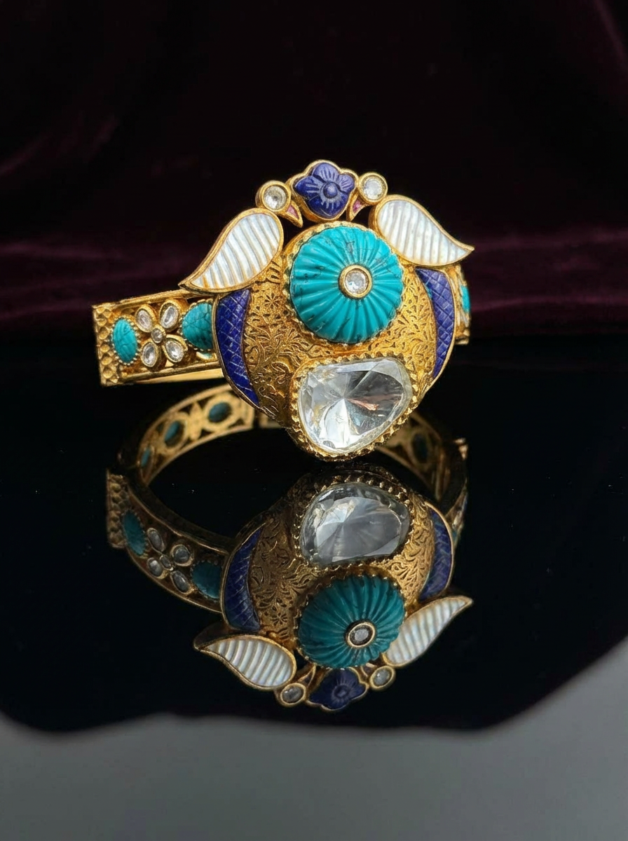 Handcrafted Vintage Heritage Turquoise & Polki Statement Cuff