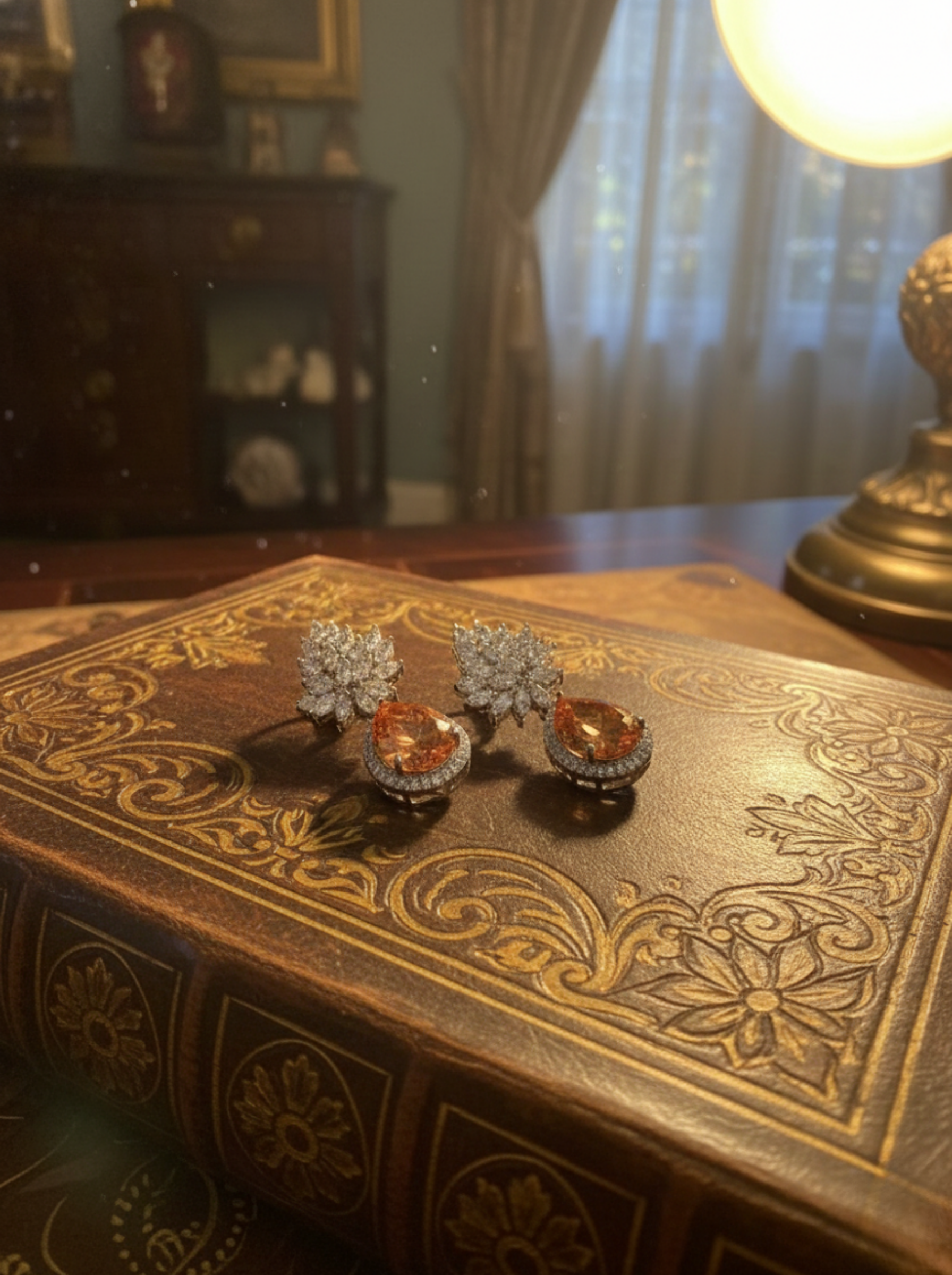 Handcrafted Amber-Hued Citrine & Diamond Leaf Drop Earrings