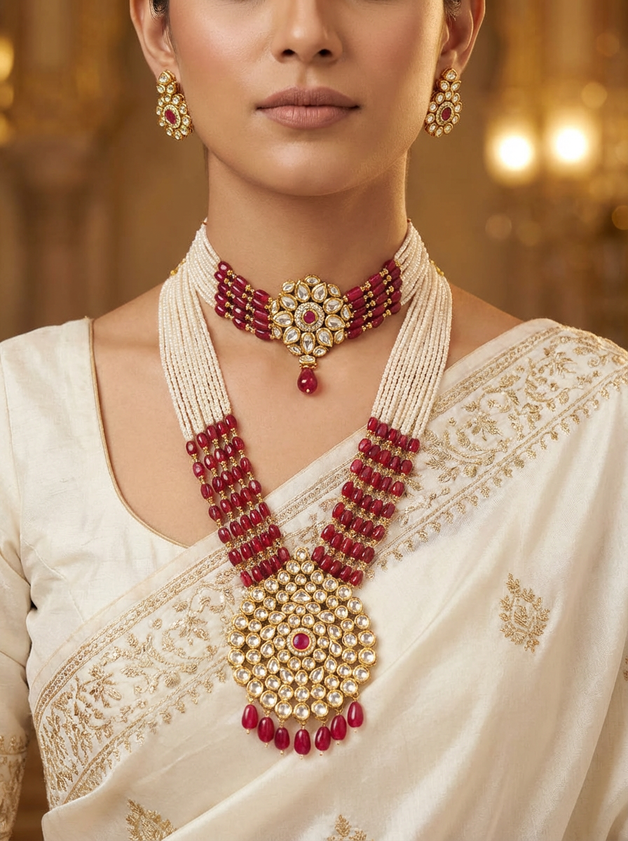 Empress Handcrafted Jadau Kundan Set – Layered Seed Pearl & Ruby Red Bead Necklace with Matching Choker & Earrings