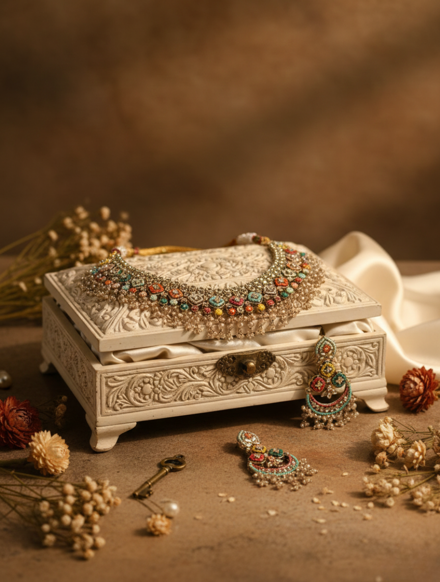 Handcrafted Multicolored Jadau Choker Set with Healing Stones and Seed Pearl Drops