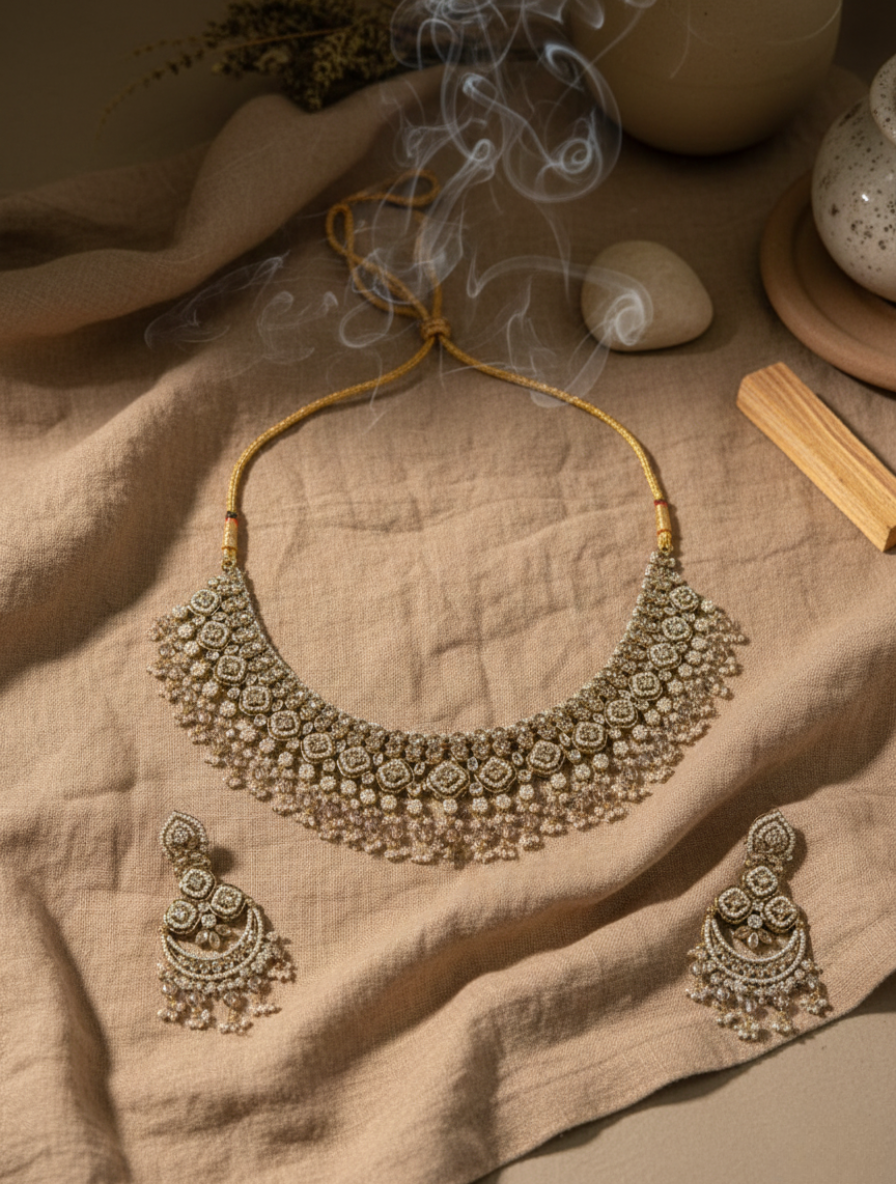 Imperial Heritage Handcrafted Choker & Chandbali Set – Vintage Kundan Polki with Healing Moonstone Tones