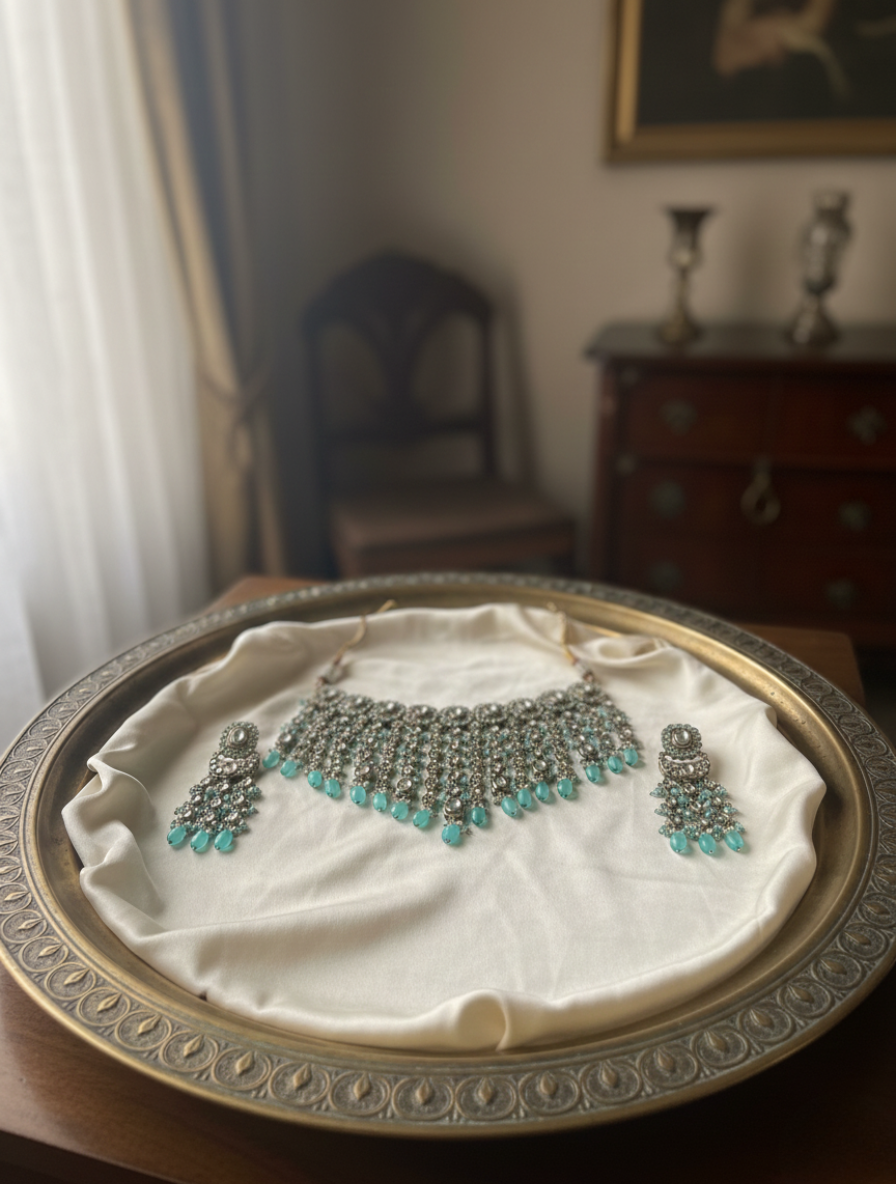 Empress Mint: Handcrafted Kundan & Mint Aventurine Choker Set with Chandbali Drops