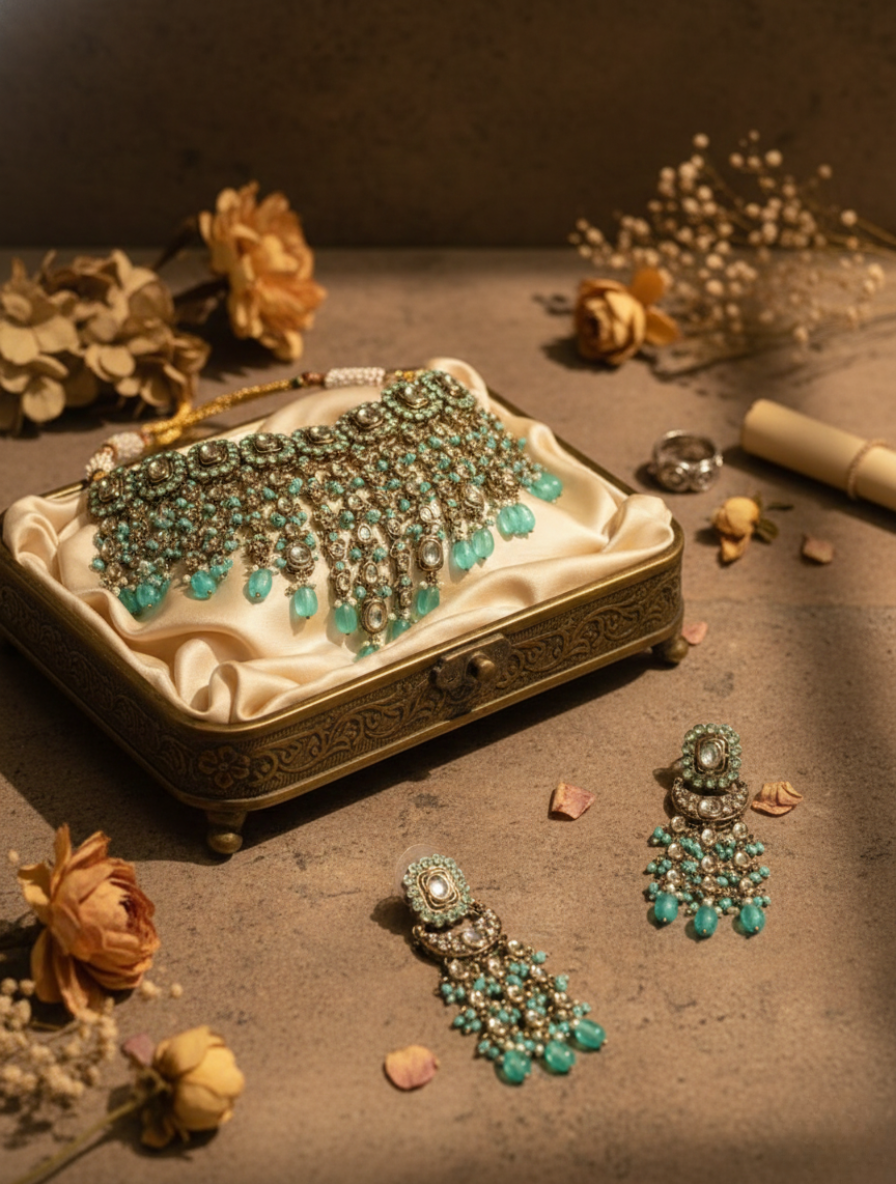 Empress Mint: Handcrafted Kundan & Mint Aventurine Choker Set with Chandbali Drops