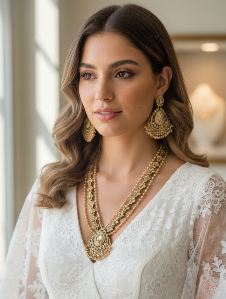 Imperial Heritage Handcrafted Rani Haar – Champagne Kundan & Seed Pearl Layered Jewelry Set