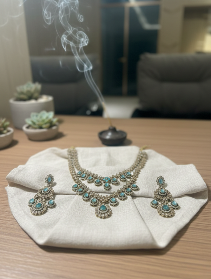 Empress of the Sea | Handcrafted Aquamarine Polki Layered Necklace & Chandbali Set