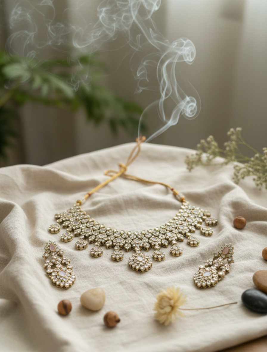 Handcrafted Blush-Tinted Kundan Choker Set – Traditional Polki-Style Necklace with Rose Quartz Healing Stones