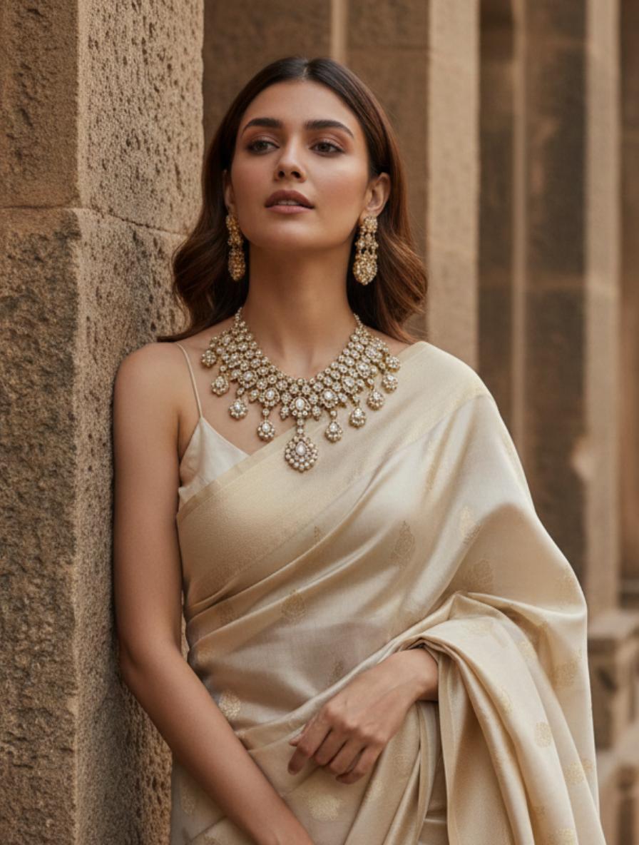 Handcrafted Blush-Tinted Kundan Choker Set – Traditional Polki-Style Necklace with Rose Quartz Healing Stones