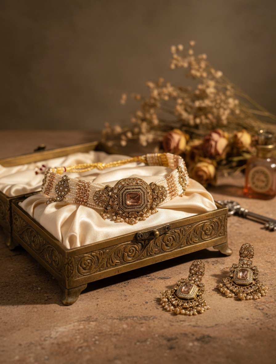 Handcrafted Kundan & Pearl Choker Set – Vintage Hyderabadi Jadau Jewelry with Rose Quartz Healing Stone