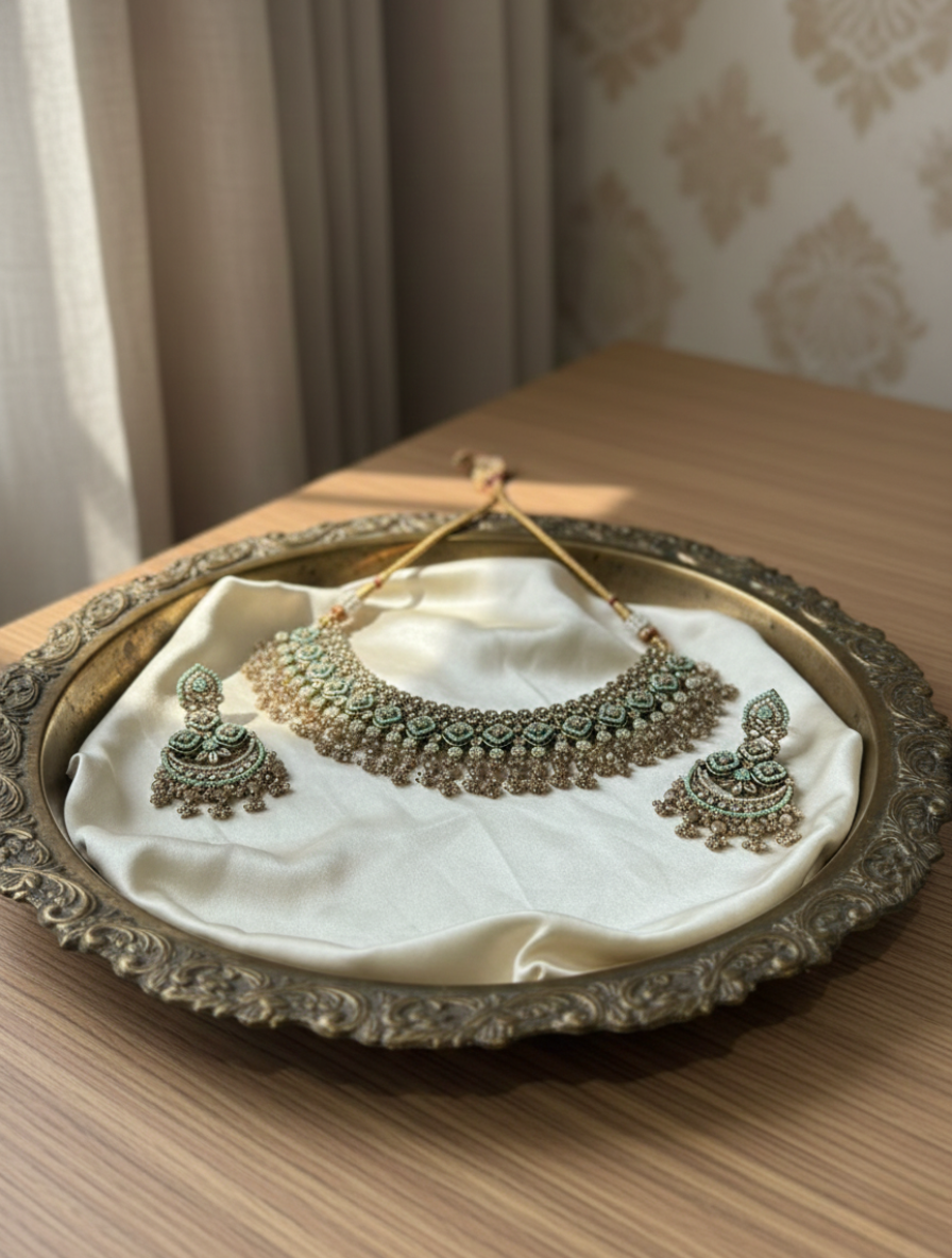 Heritage Mint & Polki Choker Set – Handcrafted Meenakari Chandbalis with Natural Amazonite