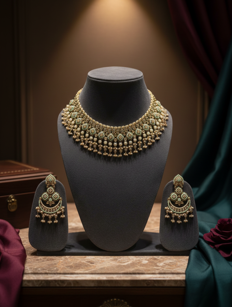 Heritage Mint & Polki Choker Set – Handcrafted Meenakari Chandbalis with Natural Amazonite