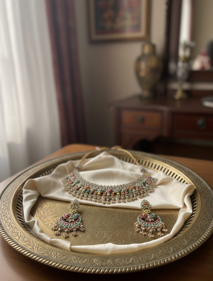 Handcrafted Multicolored Jadau Choker Set with Healing Stones and Seed Pearl Drops