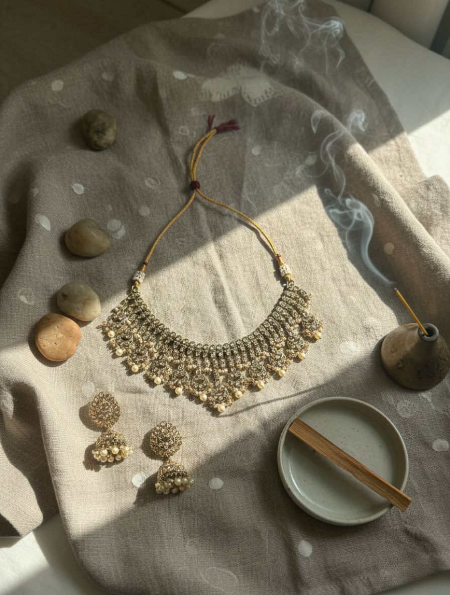 Handcrafted Antique Gold Polki Choker & Jhumka Set – Traditional Pearl Fringe Necklace for Bridal & Festive Wear