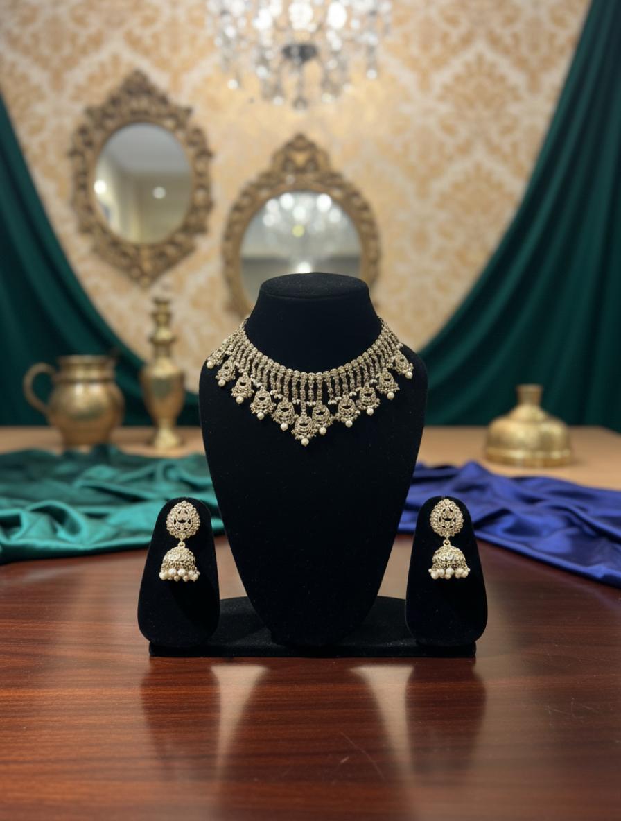 Handcrafted Antique Gold Polki Choker & Jhumka Set – Traditional Pearl Fringe Necklace for Bridal & Festive Wear