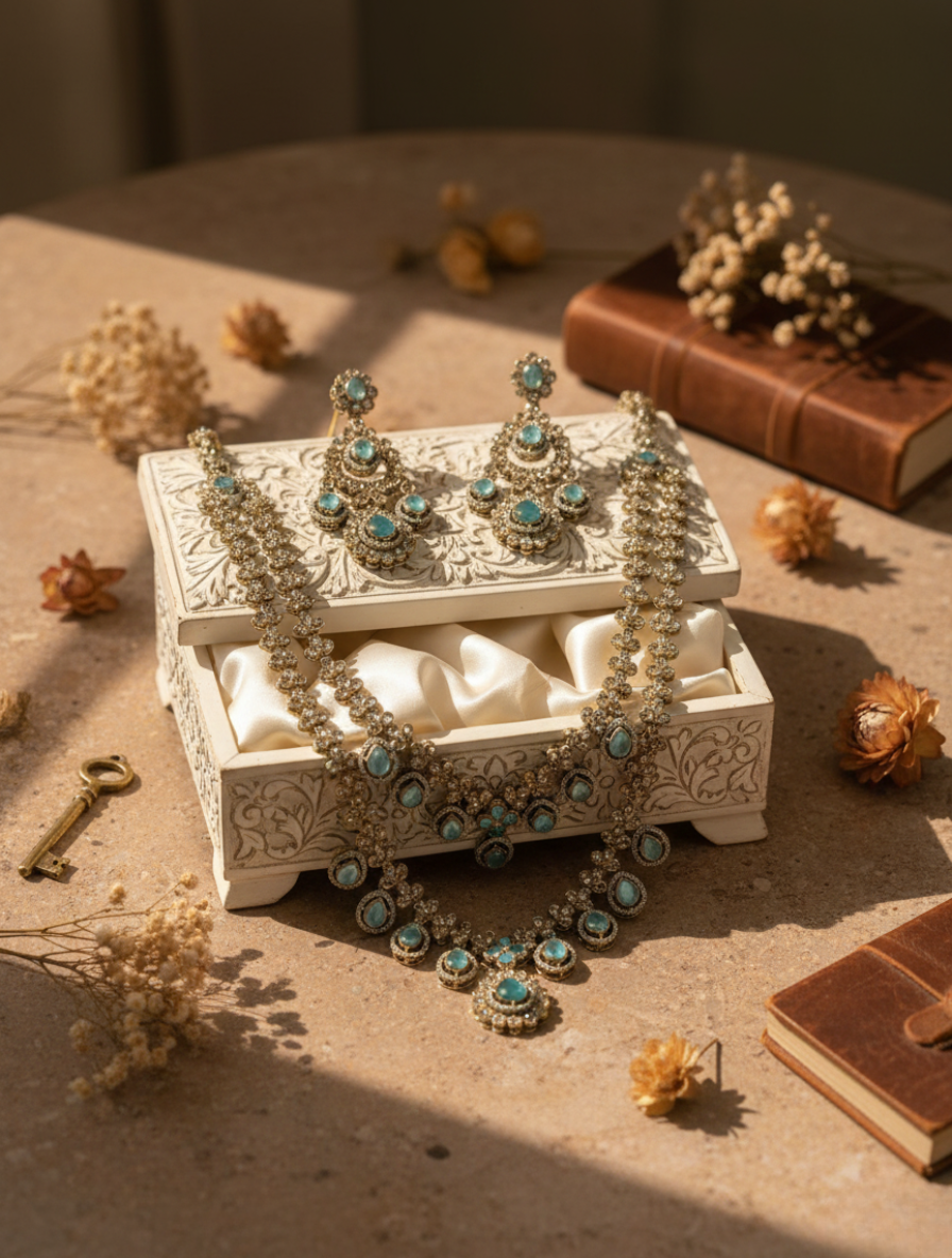 Empress of the Sea | Handcrafted Aquamarine Polki Layered Necklace & Chandbali Set