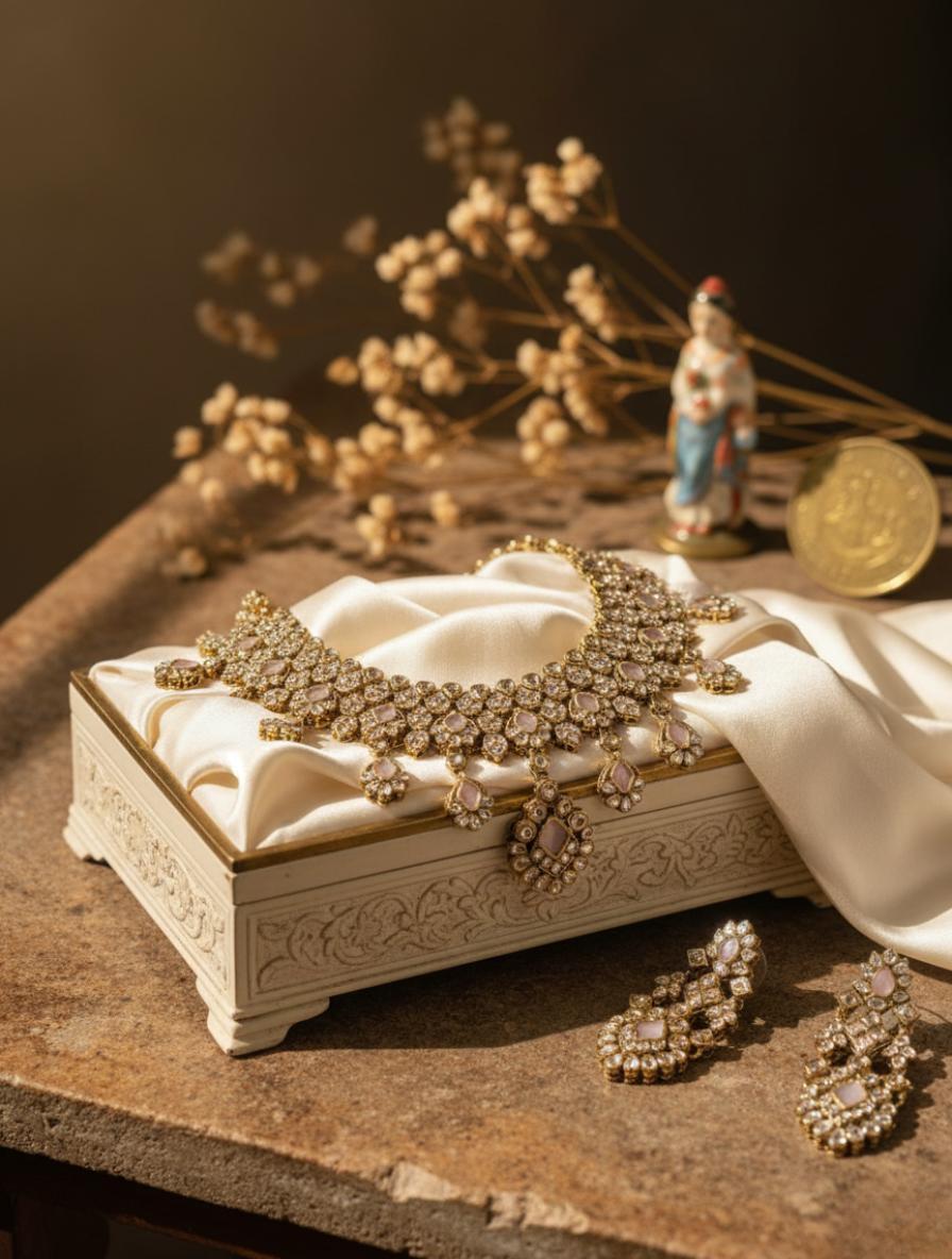 Handcrafted Blush-Tinted Kundan Choker Set – Traditional Polki-Style Necklace with Rose Quartz Healing Stones