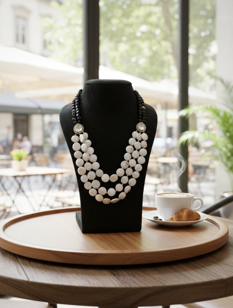 Coin Pearl & Black Onyx Statement Necklace